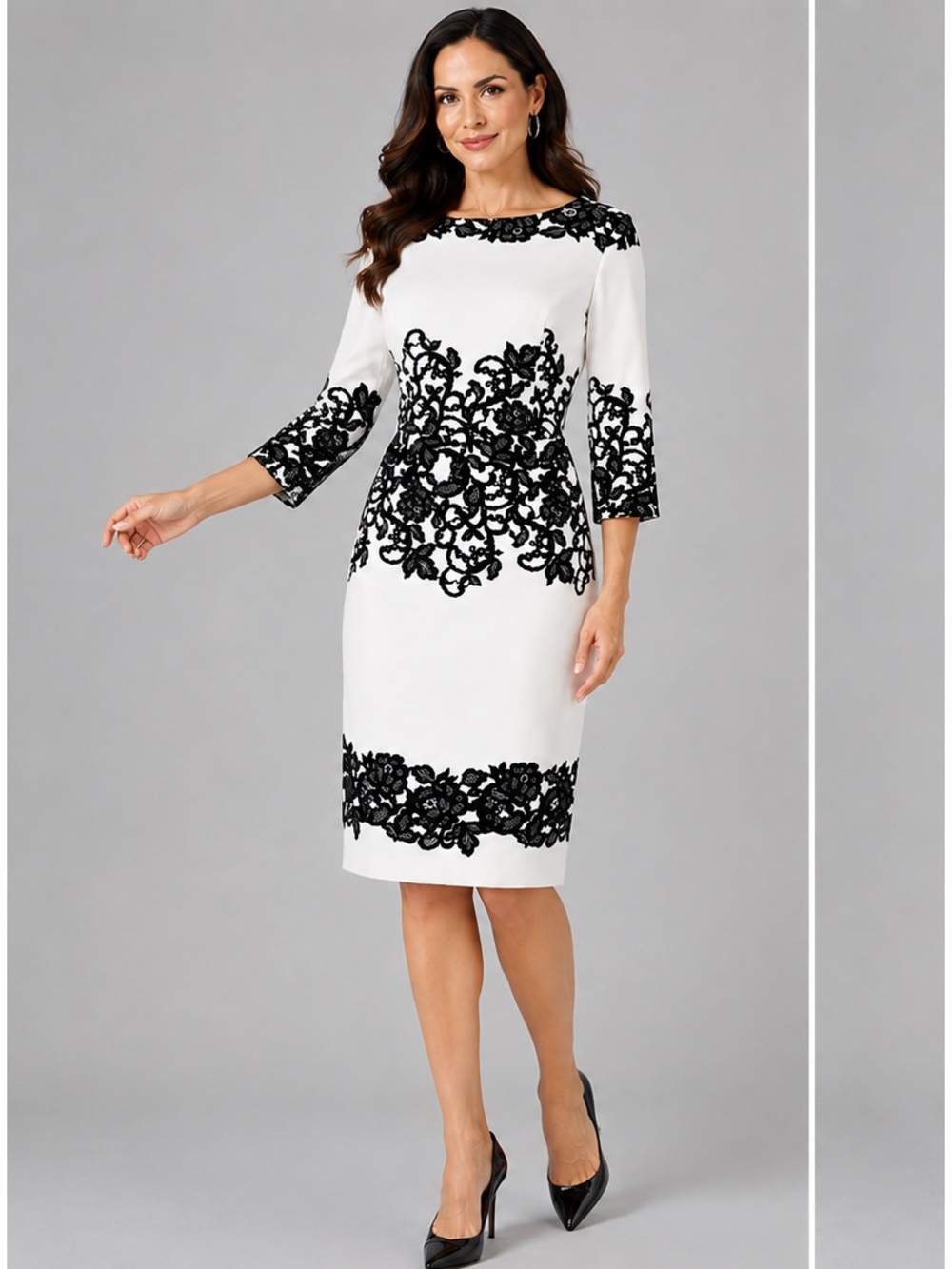 Adrianna Papell Scroll Lace Midi Dress 3/4 Sleeves Ivory Black size 12 novelty